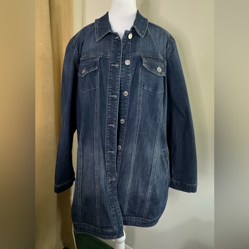 Chico’s denim jacket with button front and pockets. Size: 16 (Chico’s 3).